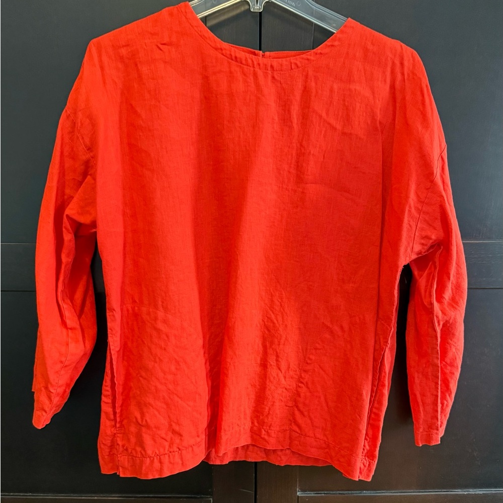 Eileen Fisher Orange Linen 3/4 Sleeve Blouse with pockets XS